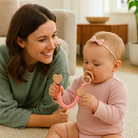 attache tetine rose bebe joue avec maman1
