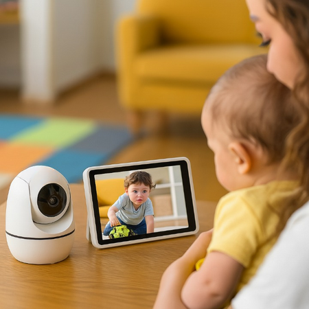 babyphone maman surveille enfant qui joue