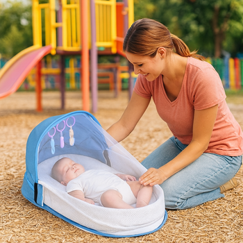 couffin bebe bleu babytravel sortie au parc