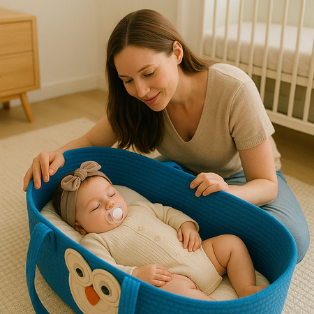 couffin bébé bleu maman surveille dodo