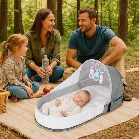 couffin bébé gris travelbaby dans sortie en foret