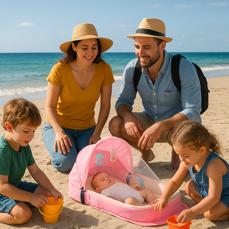 couffin bébé rose travelbaby sortie a la plage