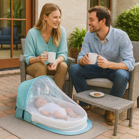 couffin bébé vert travelbaby cafe en patio