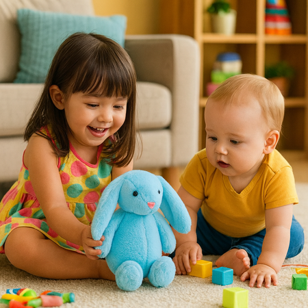 peluche lapin enfant joue salon