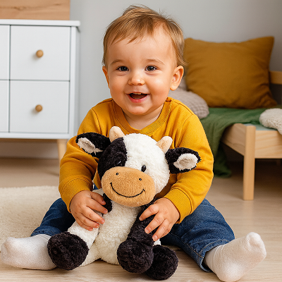 peluche vache petit garcon heureux