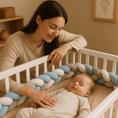 tresse de lit bleu blanc gris maman et bebe
