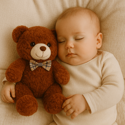 peluche marron bebe qui dors