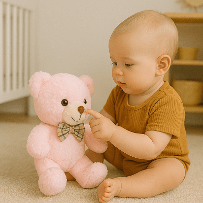 peluche rose joue avec bebe