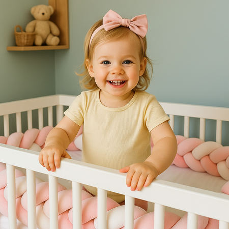 tresse de lit bebe rose blanc fille sourit tendrement