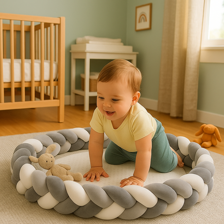 tresse de lit blanc gris noir bebe joue avec peluche