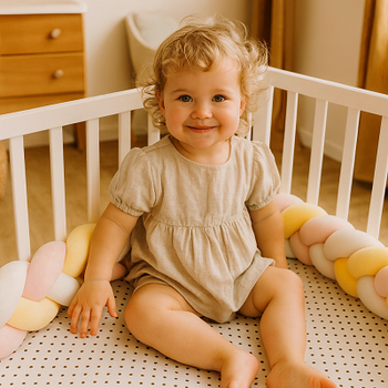 tresse de lit jaune blanc rose bebe qui sourit