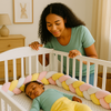 tresse de lit jaune blanc rose maman surveille bebe dodo