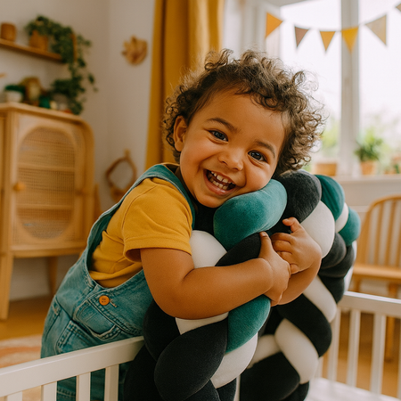 tresse de lit vert blanc noir enfant faisant calin